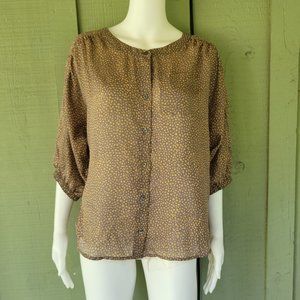 Ann Taylor LOFT Gray Mustard Button Front Blouse Top PM Petite Medium